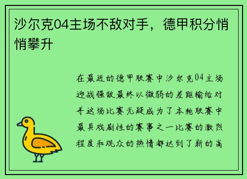 沙尔克04主场不敌对手，德甲积分悄悄攀升