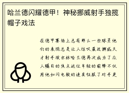 哈兰德闪耀德甲！神秘挪威射手独揽帽子戏法