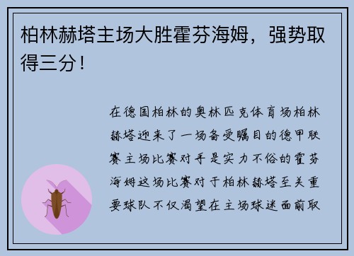 柏林赫塔主场大胜霍芬海姆，强势取得三分！