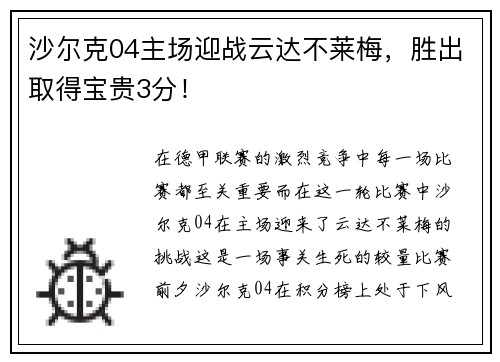 沙尔克04主场迎战云达不莱梅，胜出取得宝贵3分！